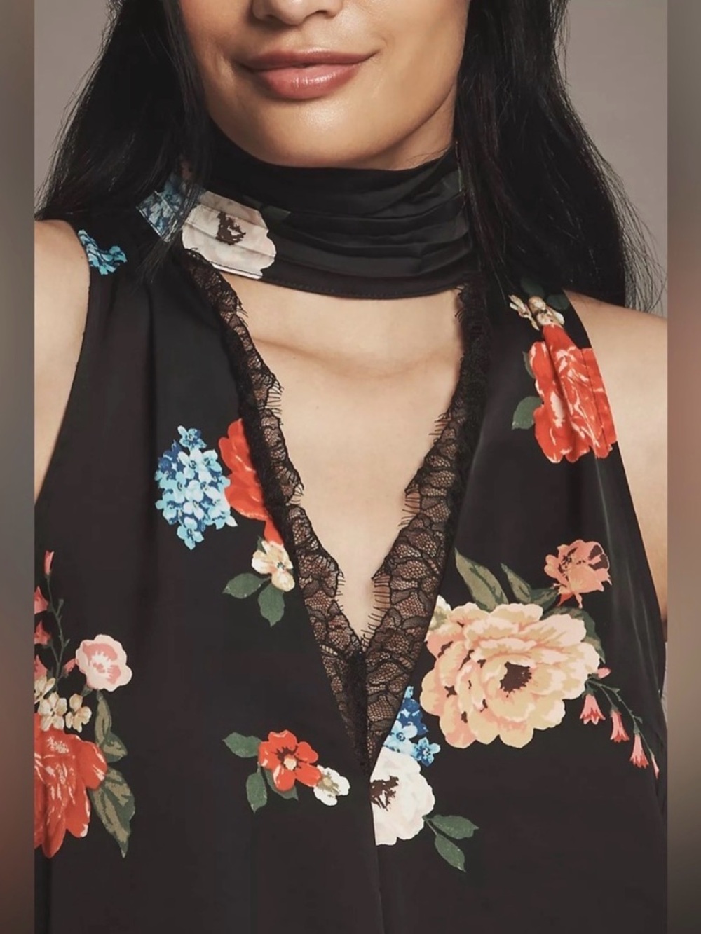 Anthropologie Black Floral Lace-Trim Halter Top - Picture 2 of 8